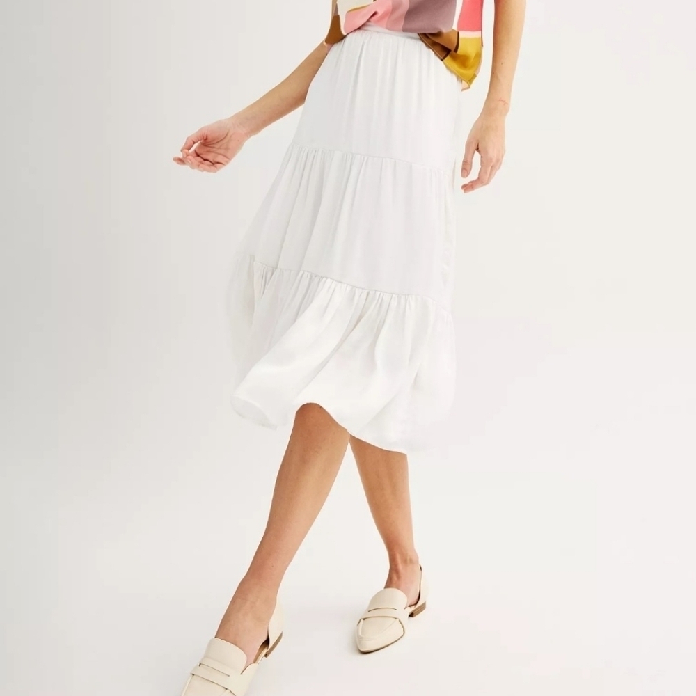 Nine West Satin Tiered Midi Skirt Ivory Tusk New Size XXL Y2K Boho Festival